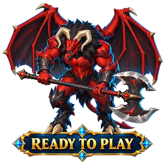Ready to Play. Yama, a winged demon boss wielding a great axe