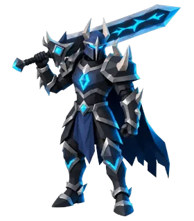 A knight in dark plate raising a glowing sword