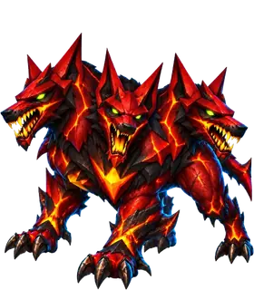 A three-headed hellhound wreathed in fire