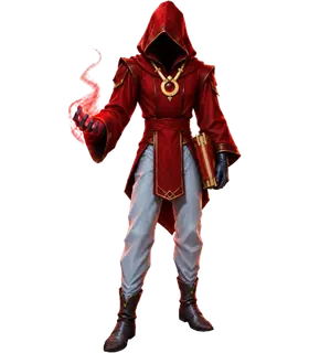 A hooded mage in red robes, spell ready
