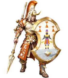A warrior with a trident and a decorated shield